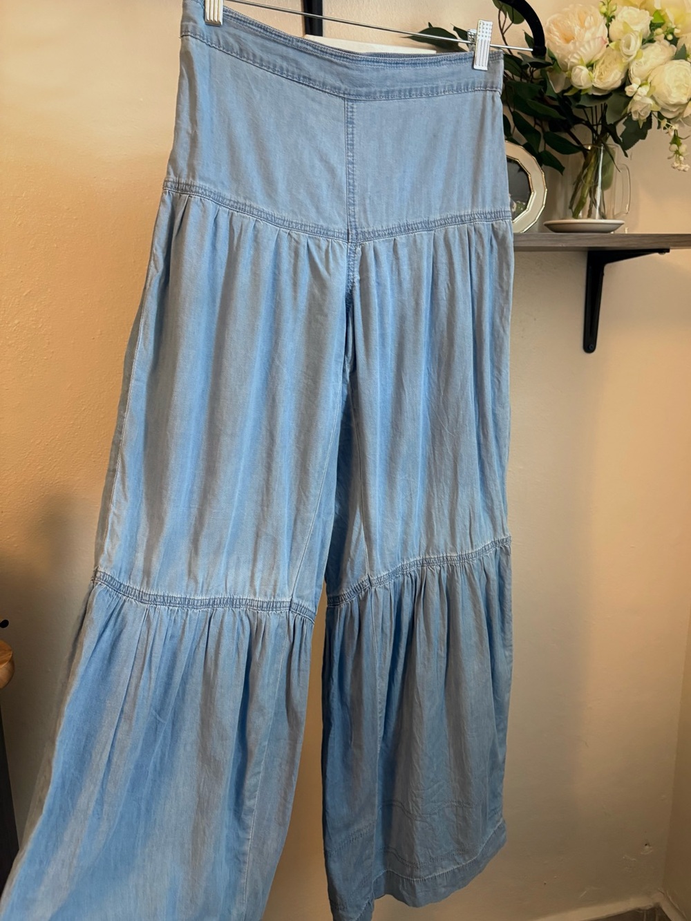Sincerely Jules Blue Wide Leg Chambray Tiered Flowy Boho Pants Size S - Picture 2 of 6